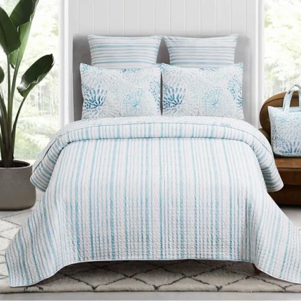 NEW Teal Blue Green Sundial Mandala Printed  Reversible Quilt Set Cottage Shabby